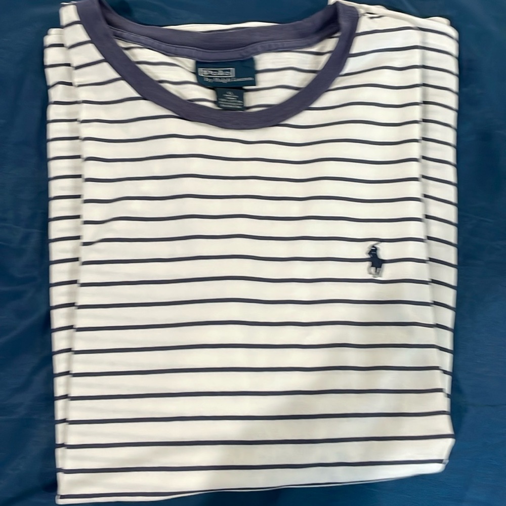 Polo by Ralph Lauren Men’s XL light weight t-shirt. White with blue stripe.